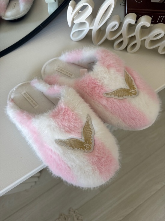 Victoria's Secret Shoes - Victoria's Secret Pink and White Fuzzy Slippers with Gold Wing Patch